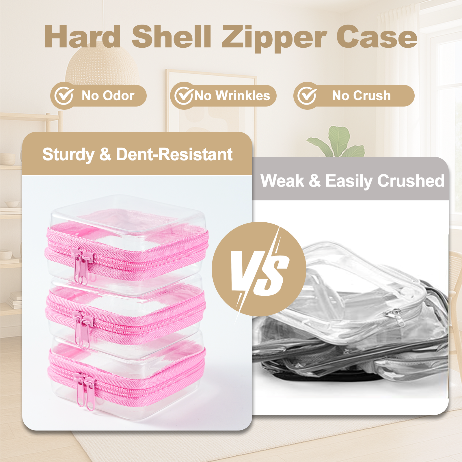 3-Piece Mini Clear Hard Shell Zipper Pouch Set – Stackable Waterproof Storage Bags for Toiletries, Travel, Makeup & Small Essentials (Pink) - Image 5