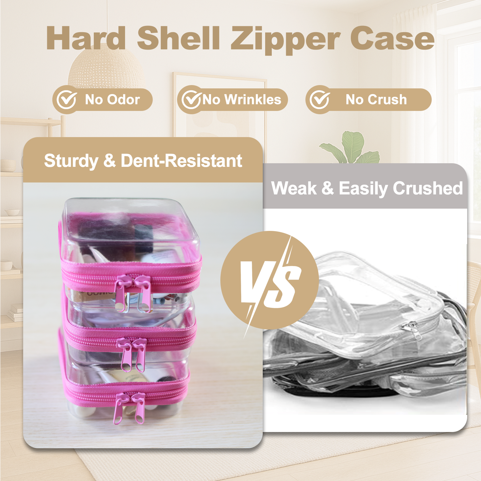 3-Piece Mini Clear Hard Shell Zipper Pouch Set – Stackable Waterproof Storage Bags for Toiletries, Travel, Makeup & Small Essentials (Pink) - Image 4