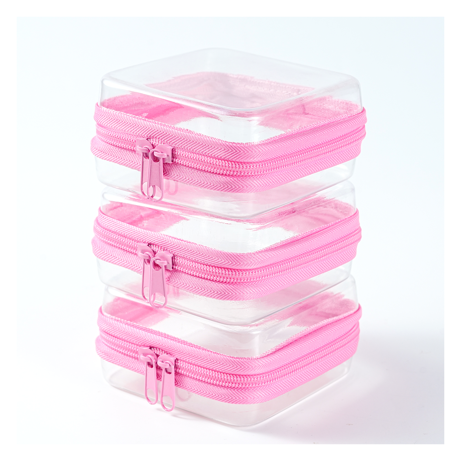 3-Piece Mini Clear Hard Shell Zipper Pouch Set – Stackable Waterproof Storage Bags for Toiletries, Travel, Makeup & Small Essentials (Pink) - Image 3