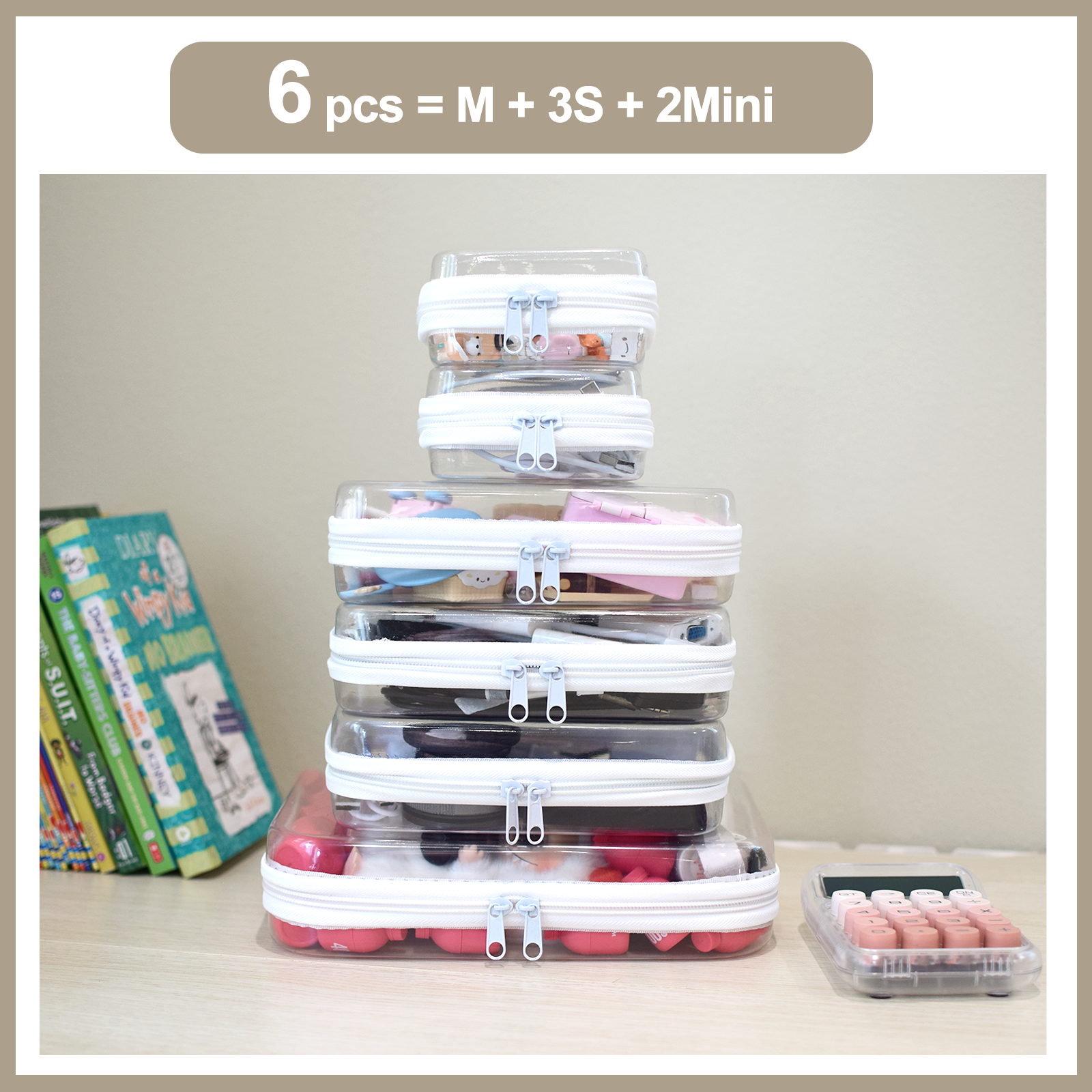 6-Piece Clear Hard Shell Zipper Pouch Set – Stackable Waterproof Storage Bags for Toiletries, Travel, Toys & Makeup (M+3S+2Mini) - Image 2