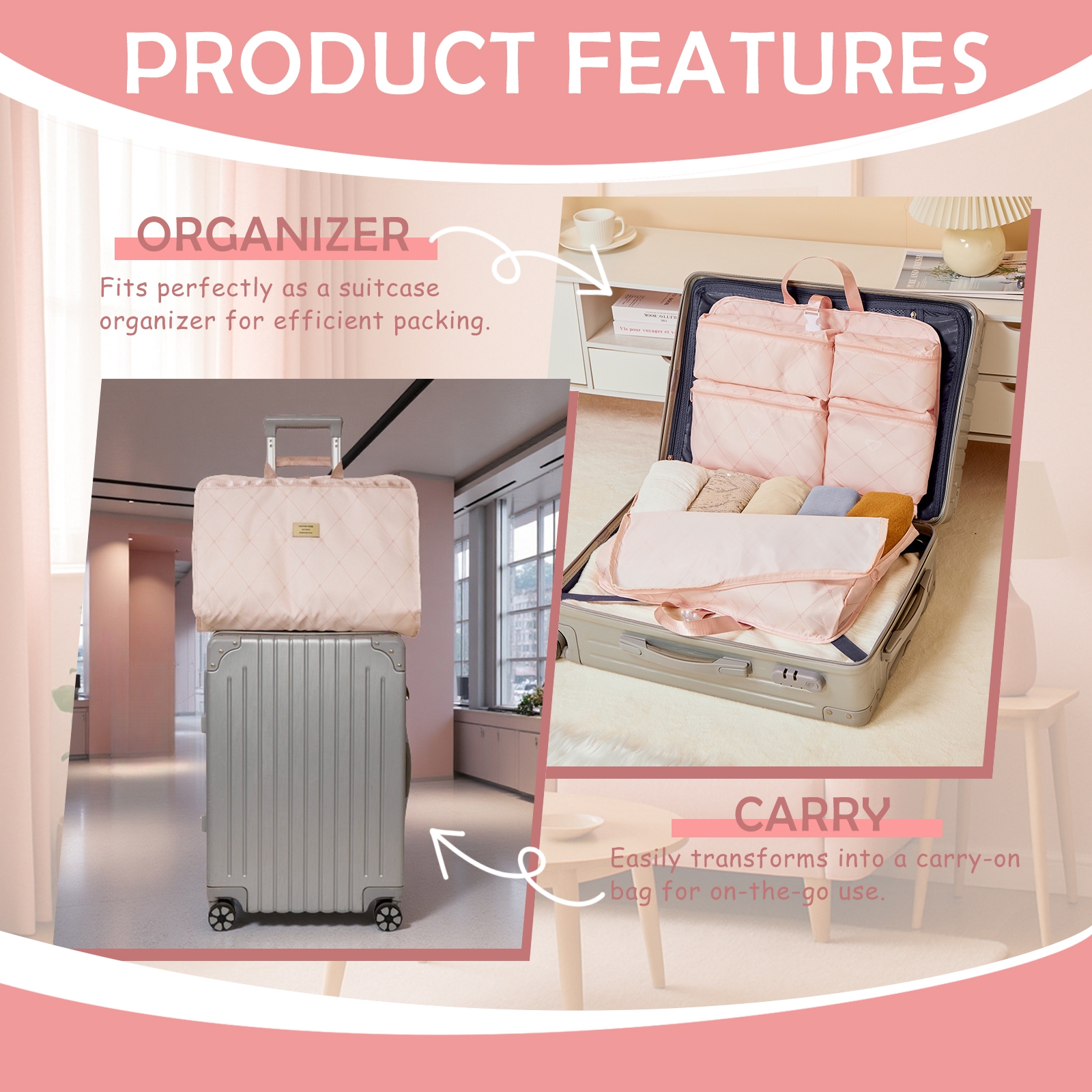 Hanging Packing Cube – Foldable Waterproof Travel Organizer for Suitcases and Backpacks, Expandable and Machine Washable (Pink) - Image 3