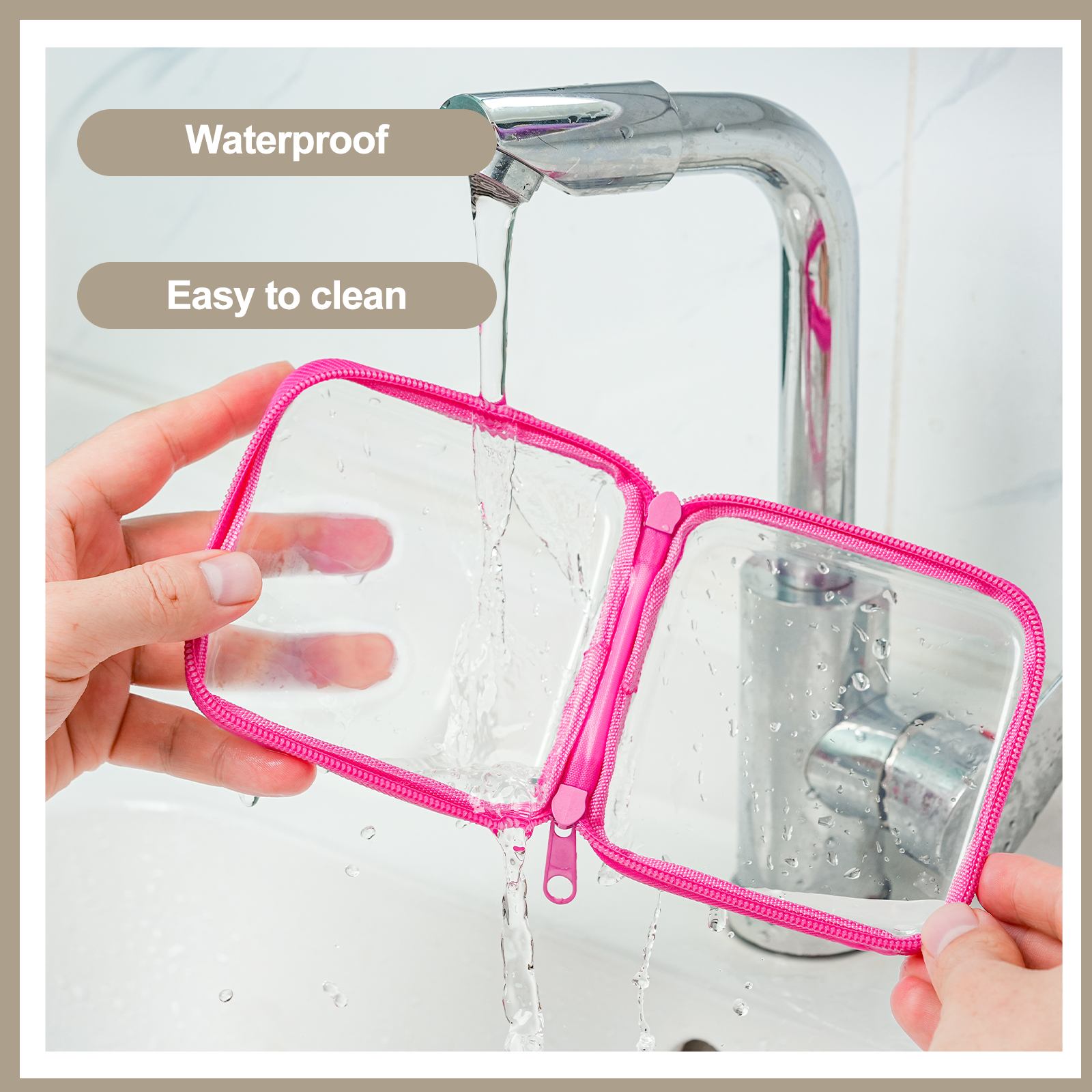 3-Piece Mini Clear Hard Shell Zipper Pouch Set – Stackable Waterproof Storage Bags for Toiletries, Travel, Makeup & Small Essentials (Pink) - Image 2