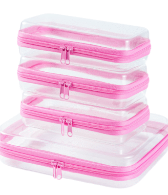 4-Piece Clear Hard Shell Zipper Pouch Set – Stackable Waterproof Storage Bags for Travel, Toiletries, Makeup & More (M+3S Pink)