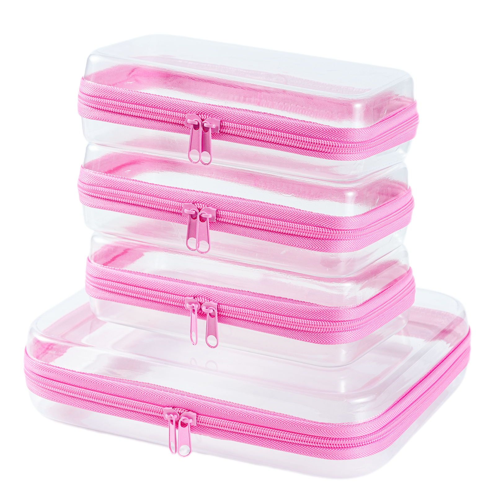 4-Piece Clear Hard Shell Zipper Pouch Set – Stackable Waterproof Storage Bags for Travel, Toiletries, Makeup & More (M+3S Pink)