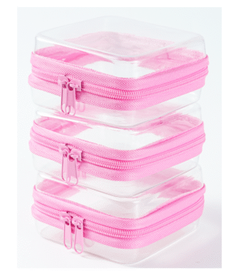 3-Piece Mini Clear Hard Shell Zipper Pouch Set – Stackable Waterproof Storage Bags for Toiletries, Travel, Makeup & Small Essentials (Pink)