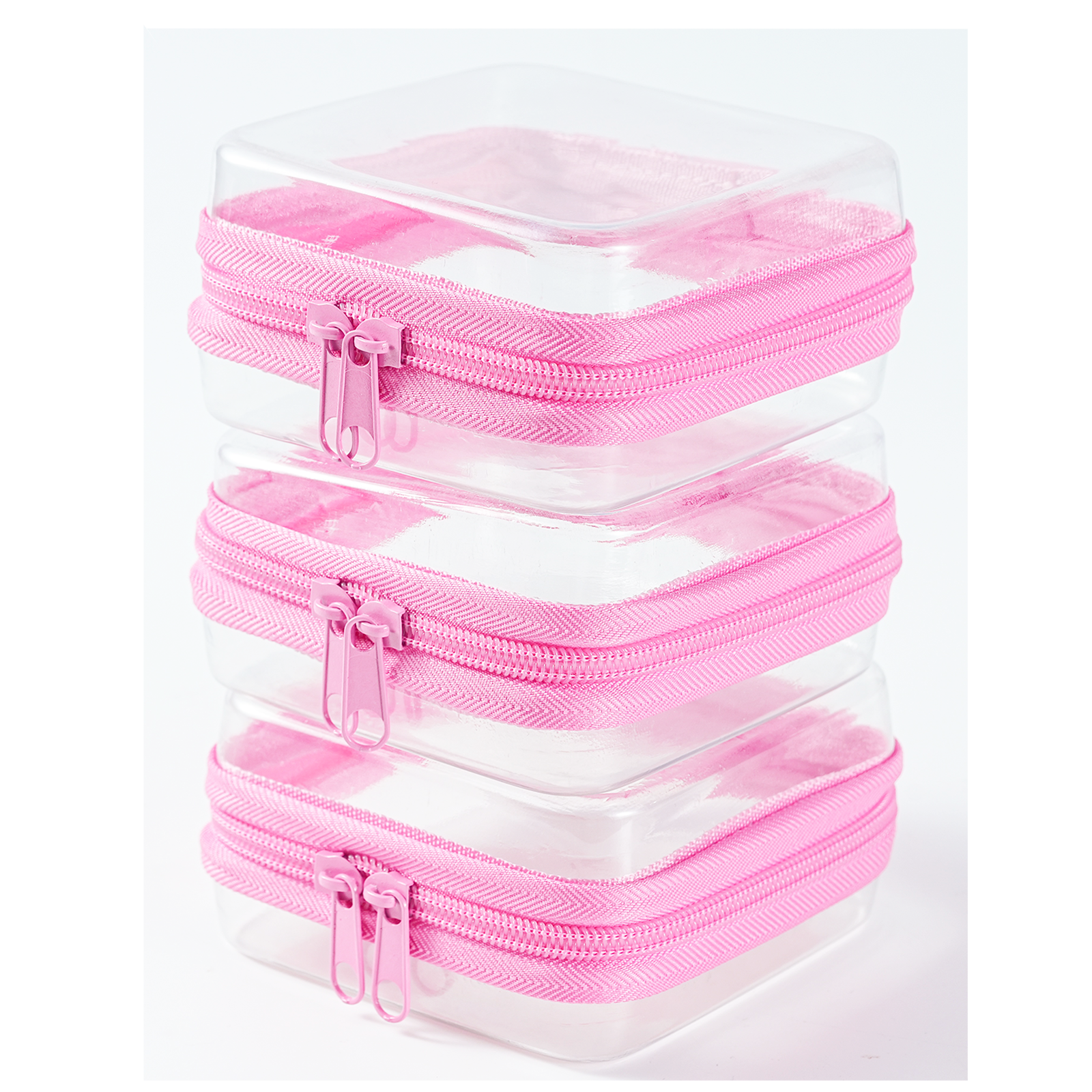 3-Piece Mini Clear Hard Shell Zipper Pouch Set – Stackable Waterproof Storage Bags for Toiletries, Travel, Makeup & Small Essentials (Pink)