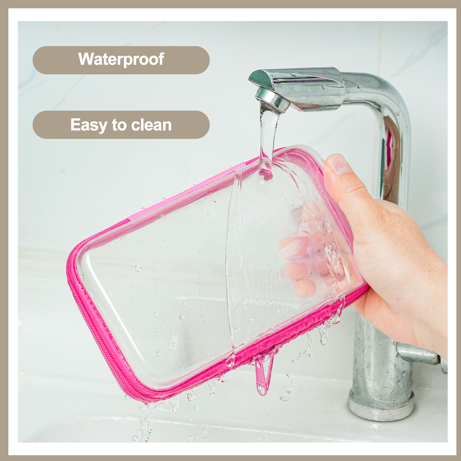 4-Piece Clear Hard Shell Zipper Pouch Set – Stackable Waterproof Storage Bags for Travel, Toiletries, Makeup & More (M+3S Pink) - Image 5