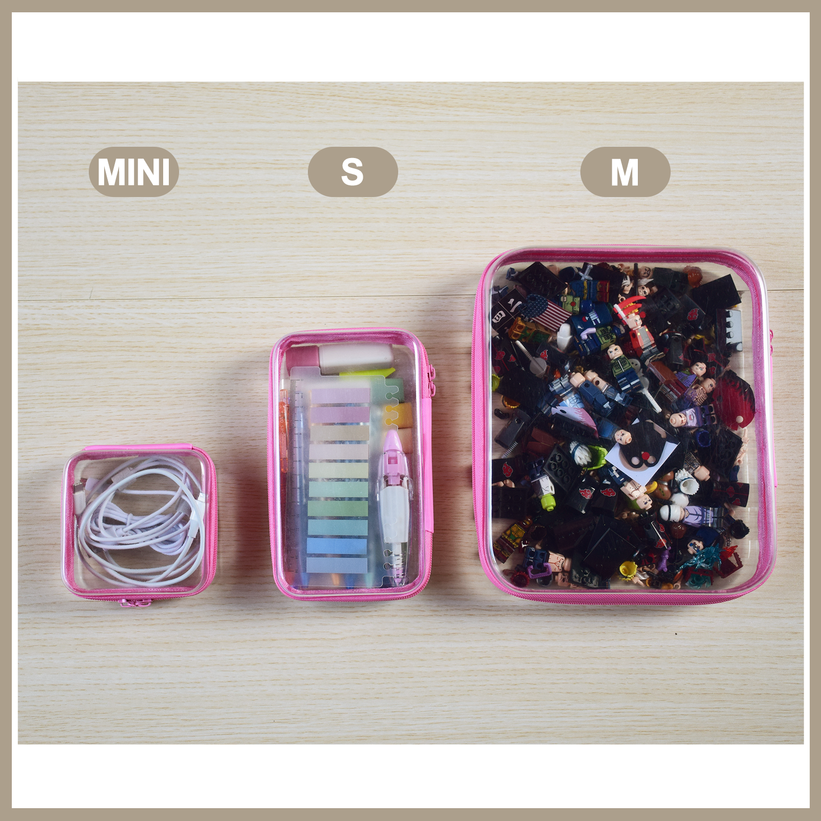 4-Piece Clear Hard Shell Zipper Pouch Set – Stackable Waterproof Storage Bags for Travel, Toiletries, Makeup & More (M+3S Pink) - Image 4