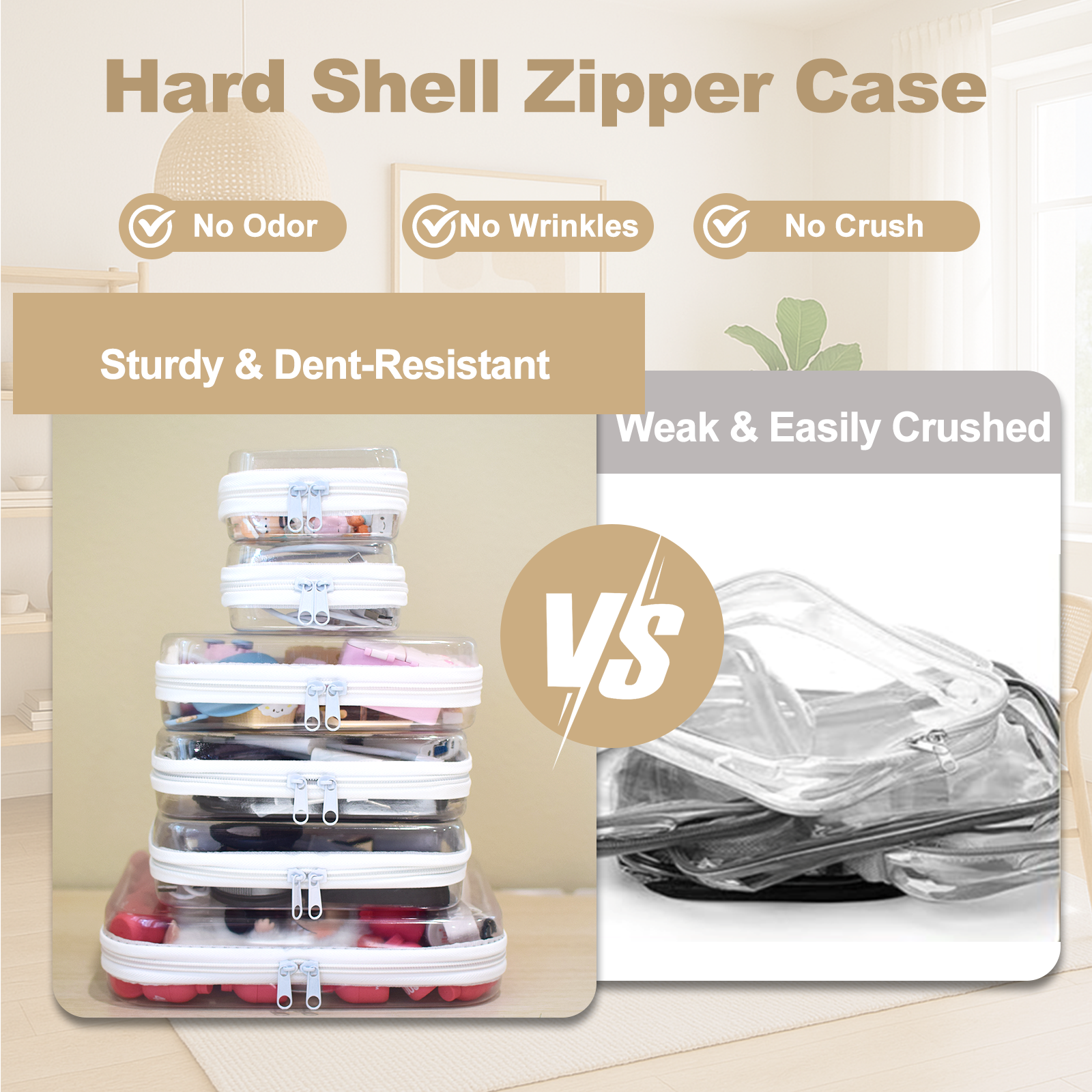 6-Piece Clear Hard Shell Zipper Pouch Set – Stackable Waterproof Storage Bags for Toiletries, Travel, Toys & Makeup (M+3S+2Mini) - Image 3